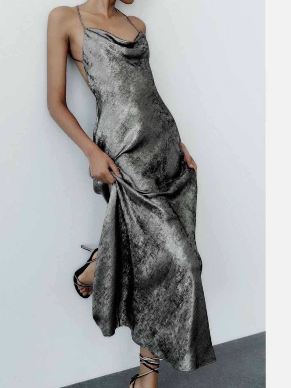 Zara Silver Slip Maxi Dress with Cowl Neck